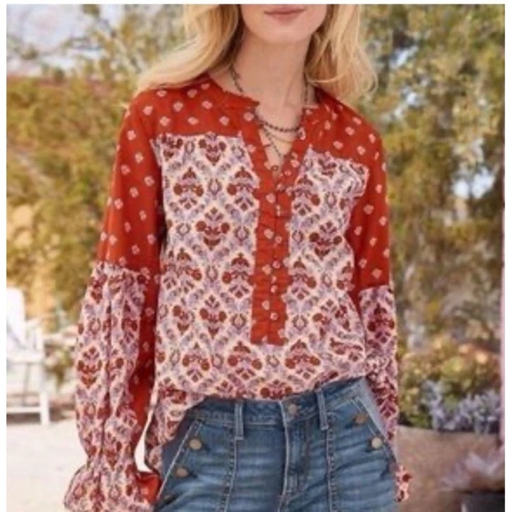 Sundance Blouse Womens MEDIUM Multi Floral Button Placket Boho Elastic Cuff Rust